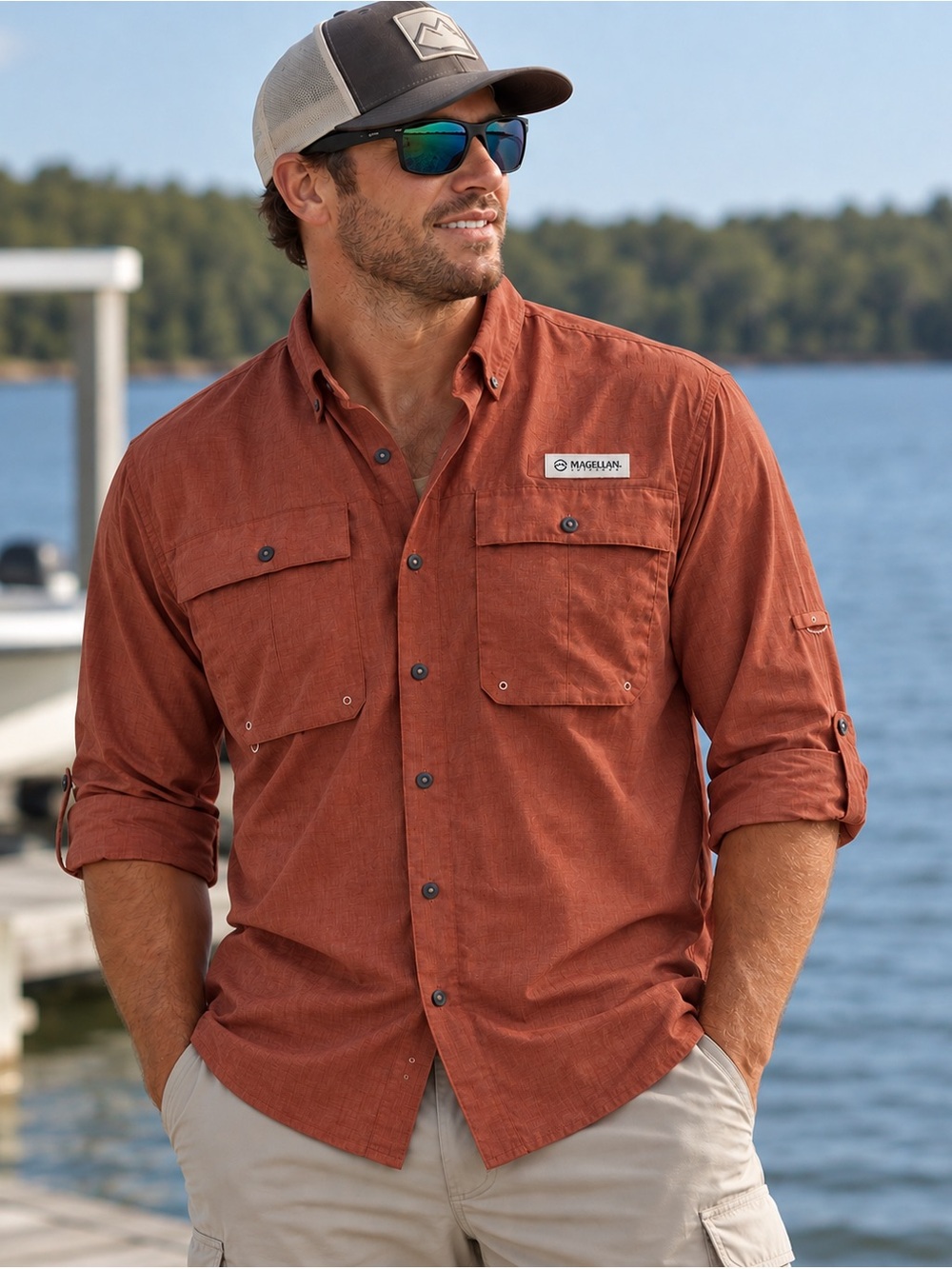 Magellan Outdoors Men’s Small Rust Colored Vented Fishing Shirt Long Sleeve